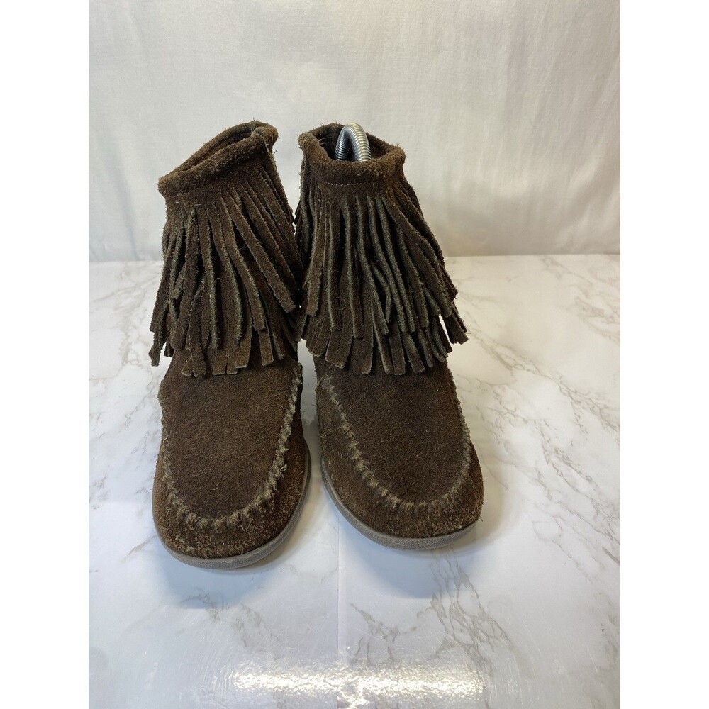 Minnetonka Brown Suede Fringe Ankle Wedge Zip Up Moccasin Boots Womens Size 7 - Picture 8 of 8